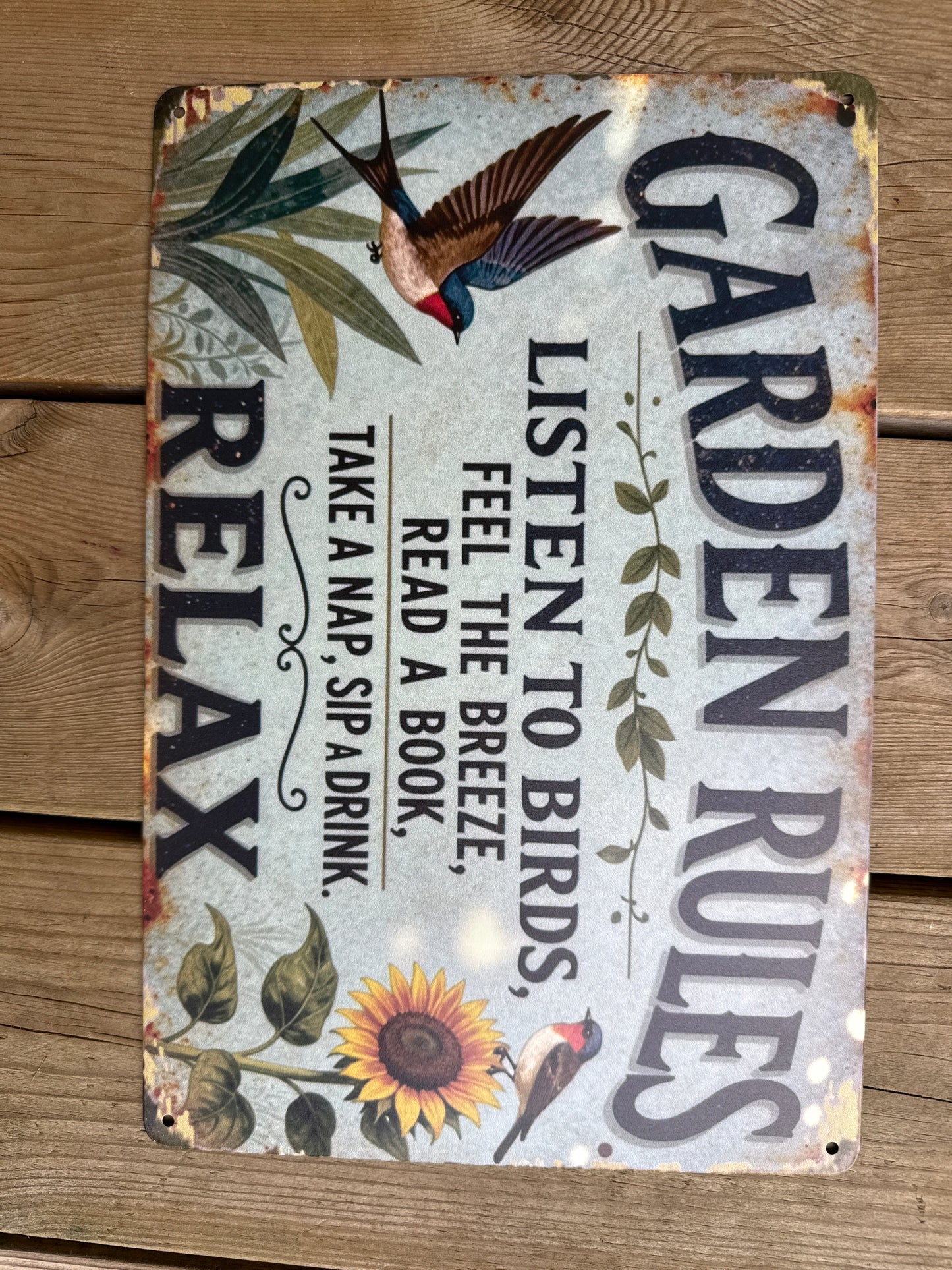 Metallskilt 20*30 cm, Garden rules, listen to birds…
