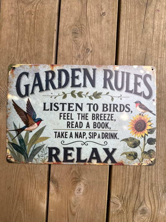 Metallskilt 20*30 cm, Garden rules, listen to birds…